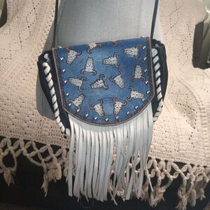 Re-Ride Stories Handmade Crossbody Embossed Leather Skull Bag Purse‎ Fringe Rare